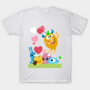 Cute monsters group in love with pink heart. T-Shirt